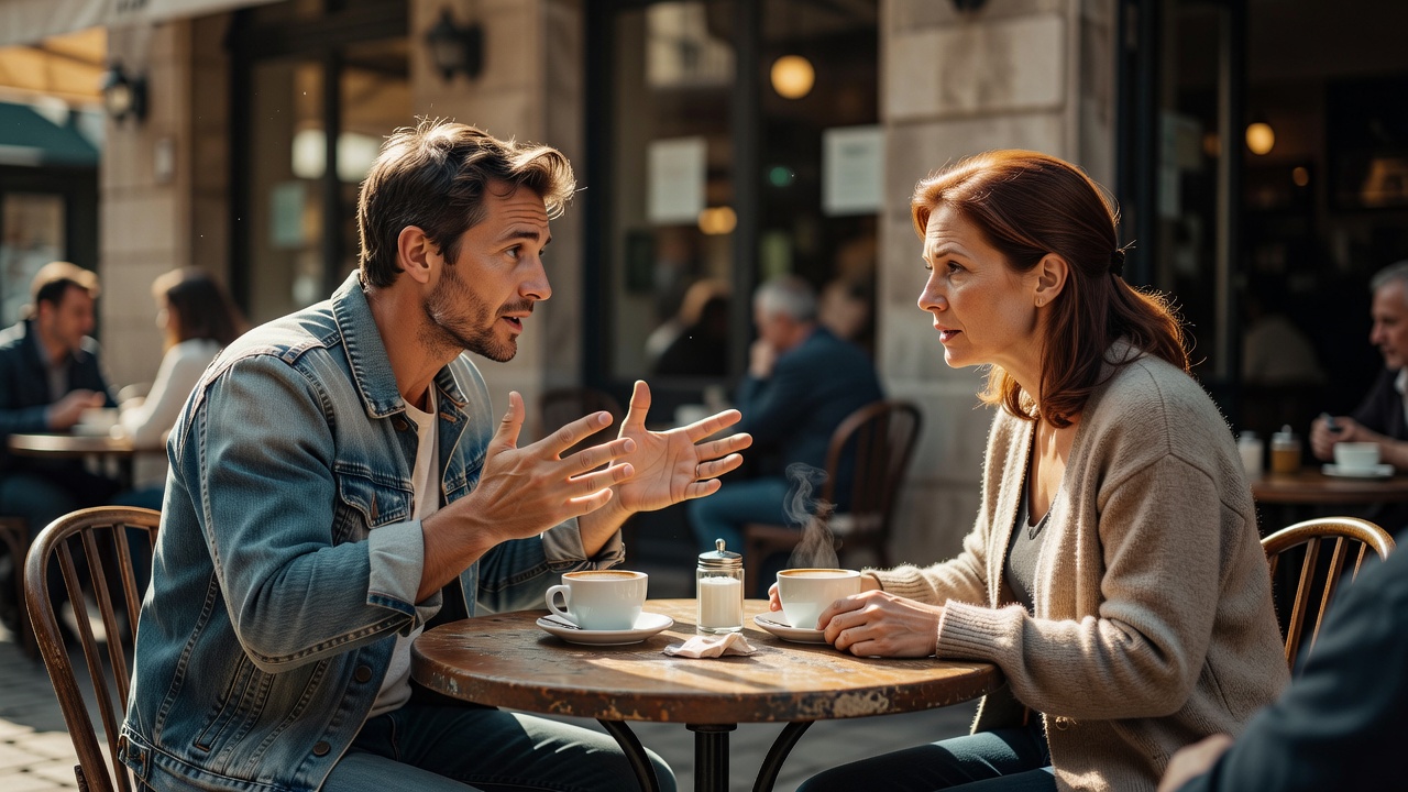 Zwei Menschen unterhalten sich an einem Cafétisch, einer gestikuliert mit offenen Händen