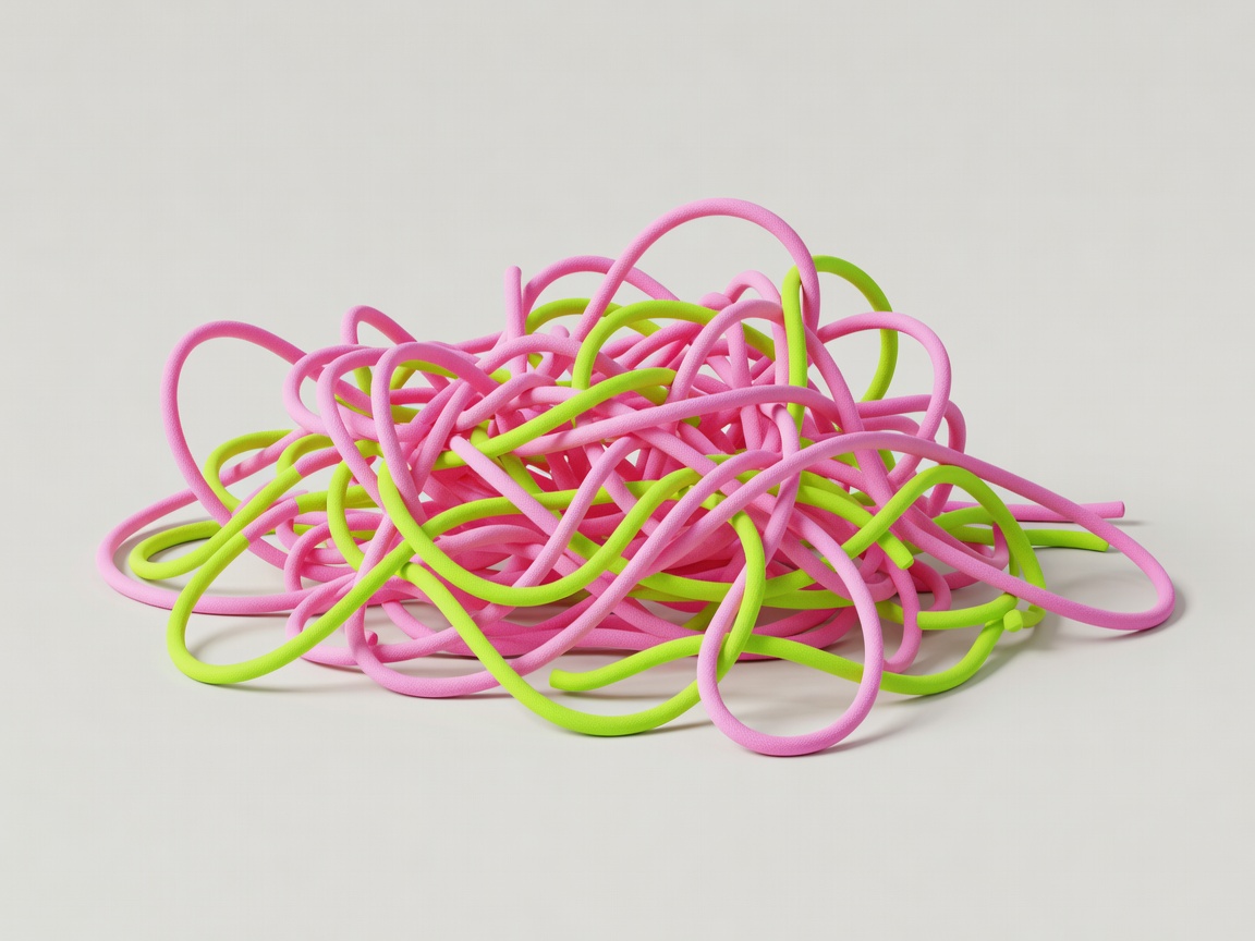 Weich ausgeleuchtetes, gerendertes 3D-Geflecht aus pinken und limettengrünen Schnüren auf einem schlichten Hintergrund